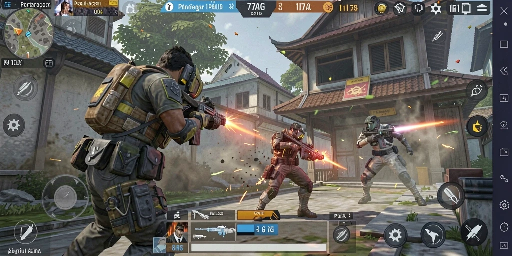 Tangkapan layar utama gameplay 77AG menampilkan aksi pertempuran yang menegangkan.
