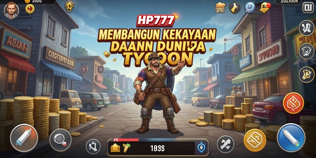 Screenshot utama HP777 menampilkan gameplay seru dalam membangun kerajaan bisnis.