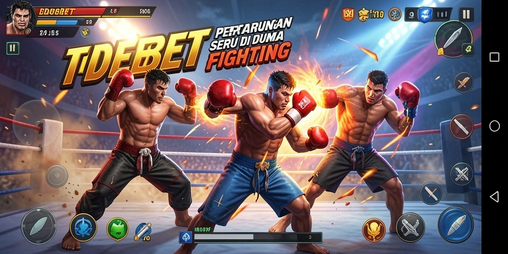 Screenshot utama IDEBET menampilkan aksi bertarung yang seru dan karakter-karakter menarik.