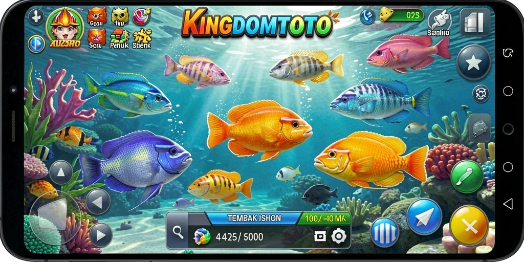 Tampilan gameplay KINGDOMTOTO yang menegangkan dengan berbagai ikan untuk ditangkap.