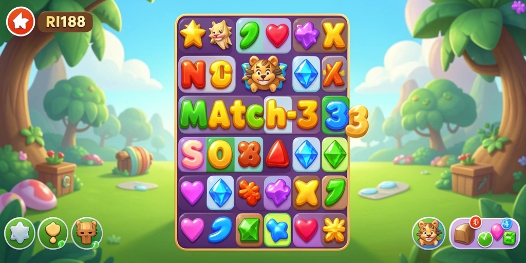 Screenshot gameplay RI188 yang menampilkan kombinasi permata Match-3.