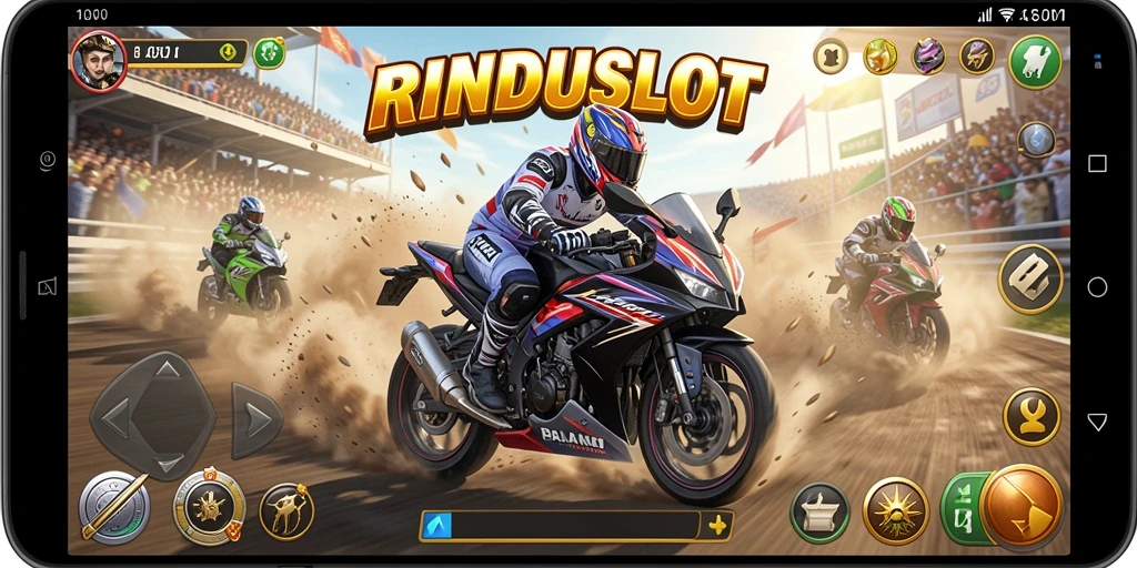 Gameplay seru RINDUSLOT dengan balapan motor menegangkan.